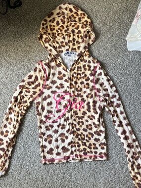 I.AM.GIA Leopard Print Zip-Up Hoodie with Pink Script